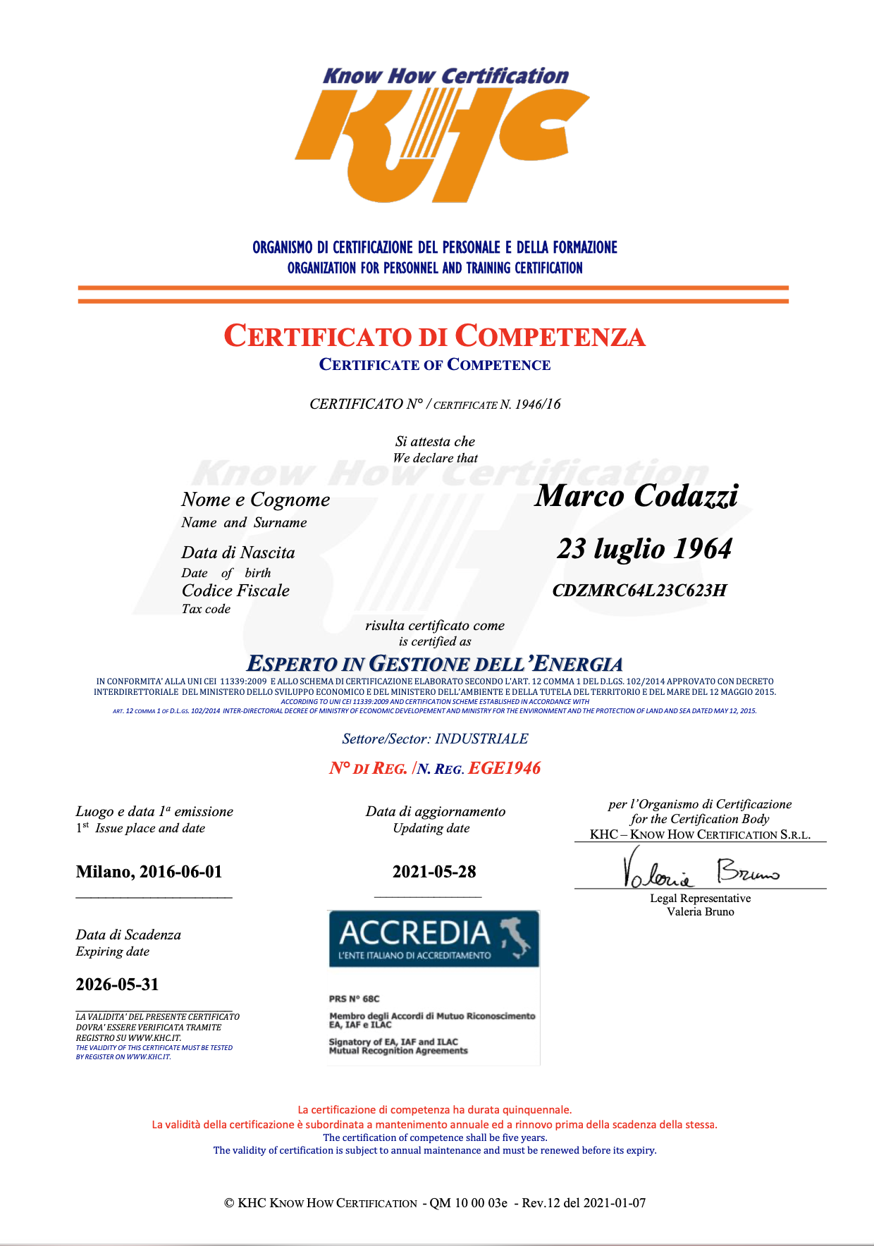 Certificato di competenza industriale Certificazioni