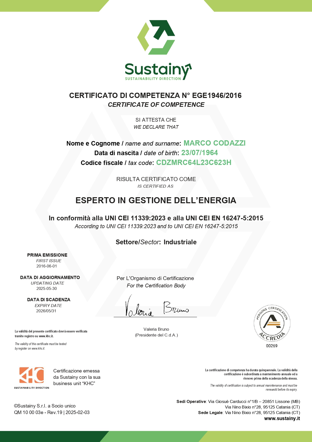 Certificate of competence showing recipient Marco Codazzi and the Italian/English headings for energy management expertise, with logos at top and bottom right seals.