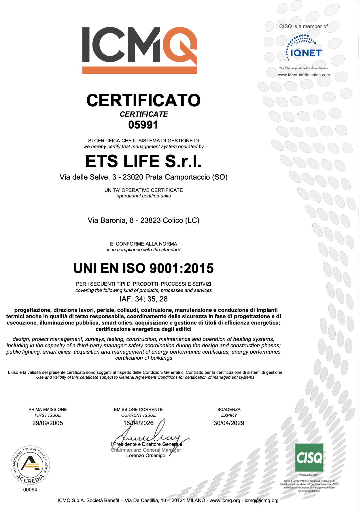Certificate from ICMQ for ETS LIFE S.r.l. confirming UNI EN ISO 9001:2015 compliance, issued 2005, current issue 2026, with expiration 2029; logos on right side.