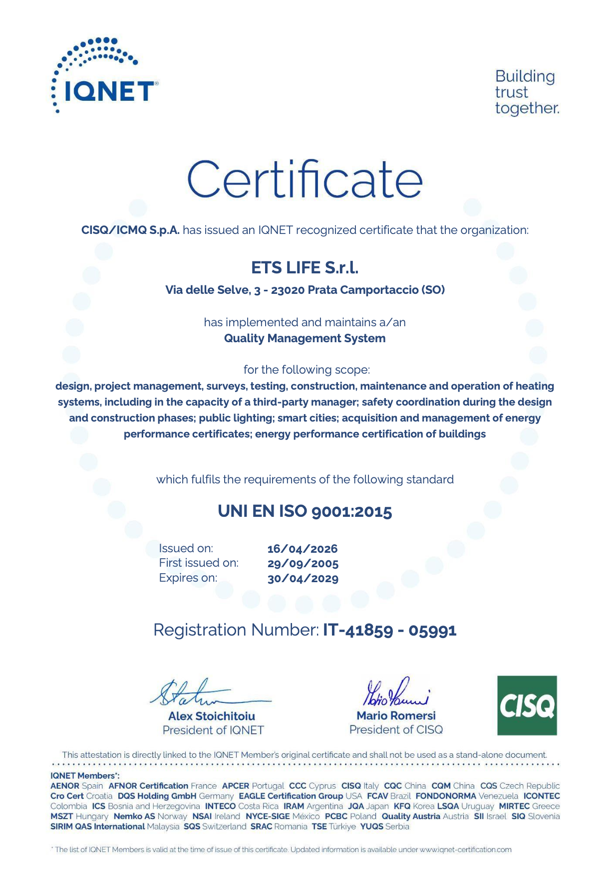 Certificate page from IQNET recognizing ETS LIFE S.r.l. for a Quality Management System meeting UNI EN ISO 9001:2015 requirements. Includes issue date 16/04/2026 and registration details.