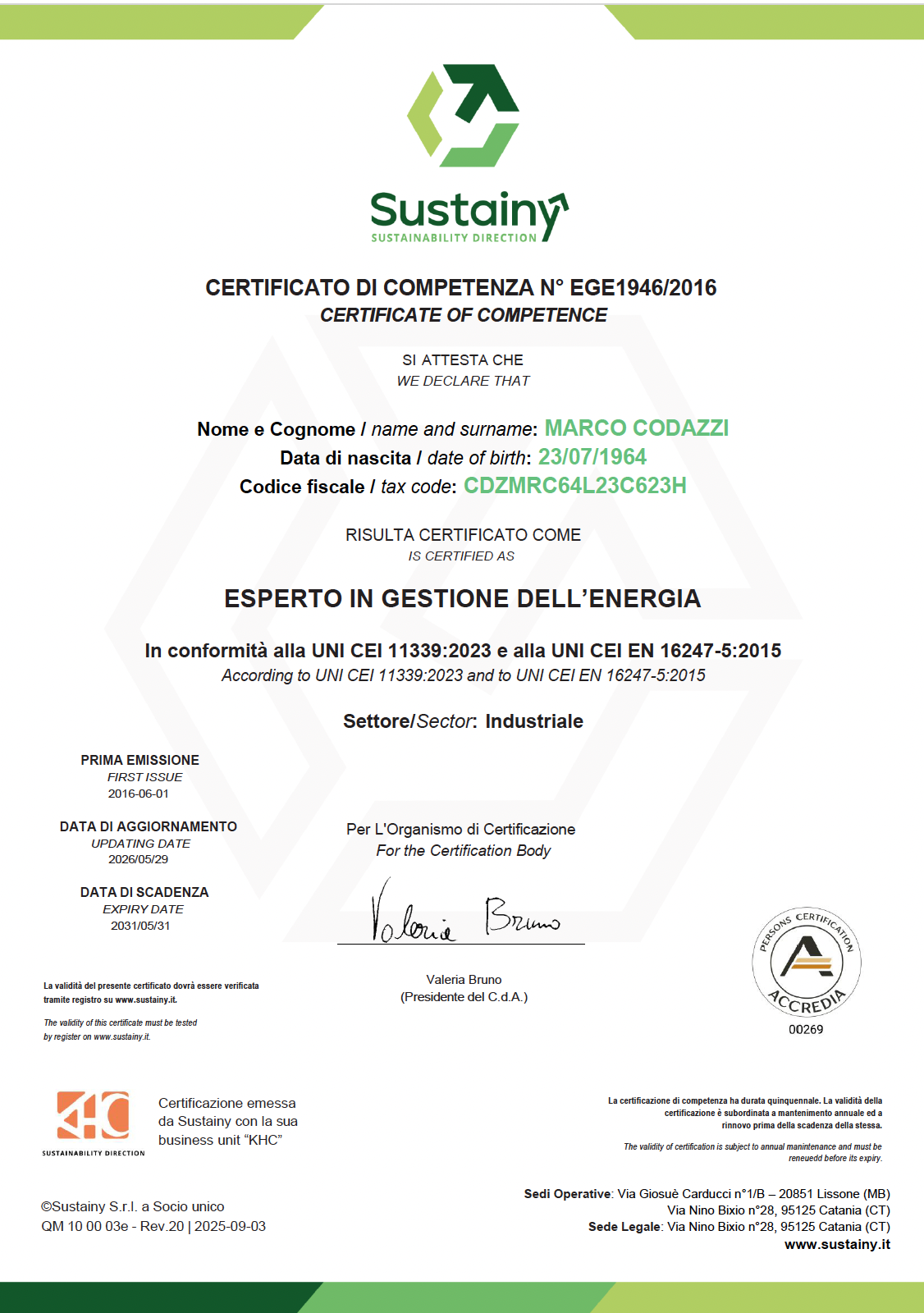 Certificate of competence showing recipient Marco Codazzi and the Italian/English headings for energy management expertise, with logos at top and bottom right seals.