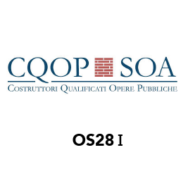CQOP SOA logo with brick motif and motto 'Costruttori Qualificati Opere Pubbliche'; code OS281 beneath.